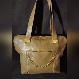 B. Makowsky Tan/Taupe Leather Shoulder Bag w/Gold Hardware